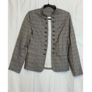 Womens Small Plaid Military Style Blazer Jacket Button Front Stand Collar